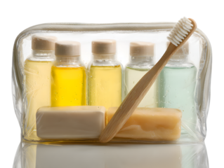 Travel size toiletries and toothbrush in clear bag