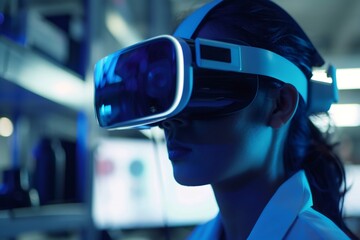 Scientist wearing virtual reality headset working in laboratory