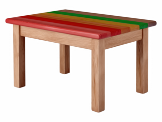 Colorful wooden children's table with a multi-colored top set against a soft white background in a shallow depth of field composition isolate on transparent background