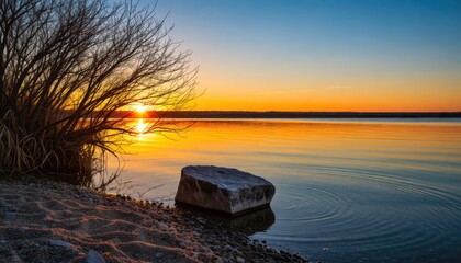 Sunset reflection over tranquil lake nature photography serene landscape peaceful environment wide angle view