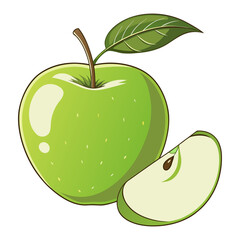 Vector Illustration of Fresh Green Apple with Leaf and Slice