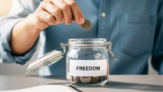 Person placing coin into glass jar labeled freedom for savings, concept of financial independence and future wealth planning, personal finance management and budgeting savings money concept