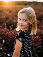 Little girl smiling in a sunlit field outdoor portrait nature warm evening glow