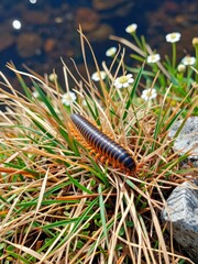 Exploring nature's wonders a colorful millipede in a lush grassland close-up photography vibrant environment