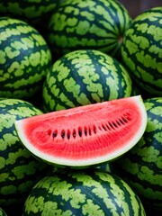 Harvesting fresh watermelons in a vibrant market bountiful produce display colorful environment eye-level view