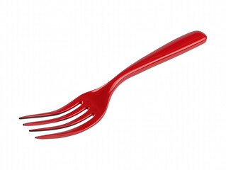 A single red plastic fork floating in soft focus against a bright white background capturing the essence of everyday dining utensils isolate on transparent background