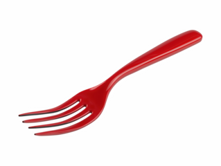A single red plastic fork floating in soft focus against a bright white background capturing the essence of everyday dining utensils isolate on transparent background
