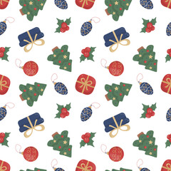 Seamless Christmas pattern with decorated trees, gift boxes, ornaments, holly leaves, and festive elements on a white background. Ideal for wrapping paper, textiles, greeting cards