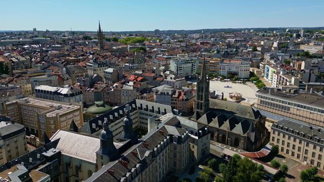 Panorama drone fly near the church of Saint Peter in Queyroix with the church of Saint Michel des Lions in background, Limoges, Haute-Vienne, France.