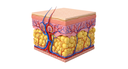Cross section of human skin and subcutaneous fat tissue.