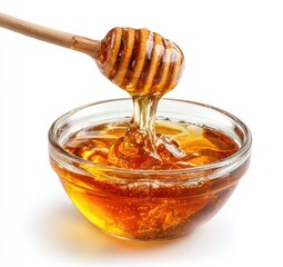 Honey dripping from wooden dipper into glass bowl (2)