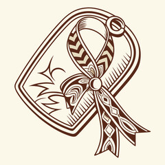 Vector art of hand drawn awareness ribbon in a decorative frame, symbolizing support for a cause, vector illustration for posters and graphic design projects