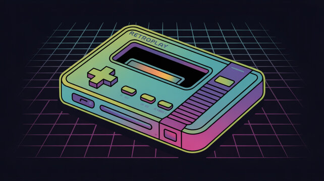 Retro portable game console with pixelated grid background, evoking nostalgia for classic gaming and the 8bit era, perfect for vintage tech enthusiasts