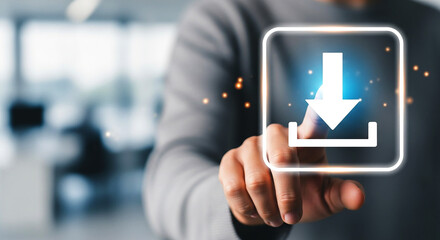 Person touching a download icon on a screen with a blurred background and glowing light effects
