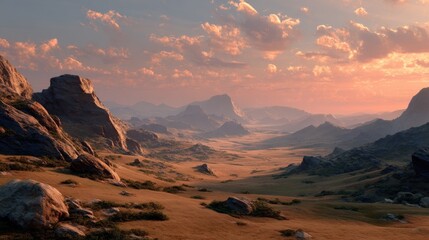 Naklejka premium Dramatic mountain landscape under a colorful pastel sky creating a serene vista