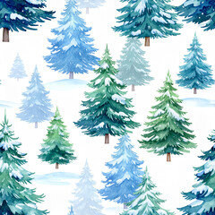 Obraz premium Seamless pattern of watercolor Christmas trees covered in snow on white background.