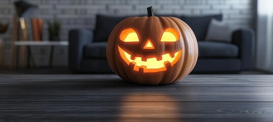 Brightly Illuminated Jack O Lantern Pumpkin Sitting on Dark Wood Floors for Halloween Decor Ideas