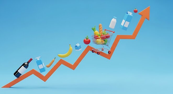 Rising grocery prices depicted by a shopping cart on an upward trending graph with food items