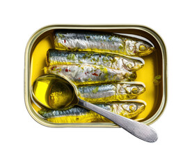 Sardines in olive kitchen food view, isolated on transparent background, png