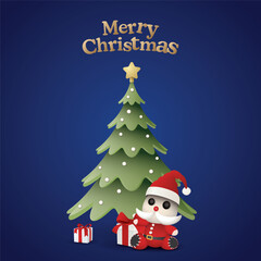 Merry Christmas calligraphy with 3D decorated Christmas tree, cute Santa Claus doll and gift boxes on navy blue square background graphic illustration.