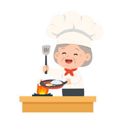 Illustration of Happy Elderly Chef Cooking