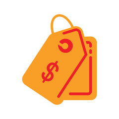 Price tag vector illustration in yellow and red, discount label icon, ecommerce shopping sticker, flat style retail design, sale tag emblem for business, marketing and online store.