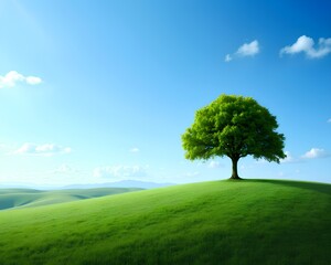 A single green tree stands alone on a rolling green hill under a perfect blue sky. A concept of peace and nature's simplicity.