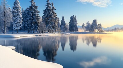 Serene Winter Reflection on a Frozen Lake Surrounded by Snow-Laden Pines and Frosty Landscape