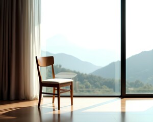 Fototapeta premium A single wooden chair by a large window offers a serene, peaceful view of a mountain landscape. A concept of solitude and contemplation.