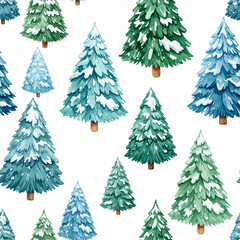 Fototapeta premium Seamless pattern of watercolor Christmas trees covered in snow on white background.