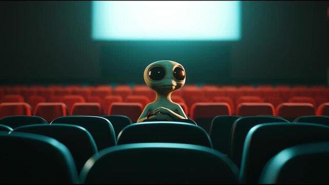 Extraterrestrial character sitting alone in empty movie theater, watching film projected on big screen, immersed in cinematic experience against stark white background