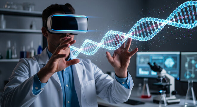 Virtual Reality in Science: Analyzing the DNA Double Helix. A male scientist in a lab coat is wearing a virtual reality headset and interacting with a holographic DNA double helix - Powered by Adobe