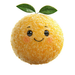 Cute smiling orange fruit with textured peel and two green leaf, cheerful kawaii expression bright and playful