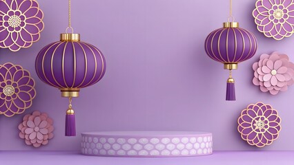 Elegant Purple Chinese New Year Display Featuring Lanterns and Flowers for Festive Celebrations