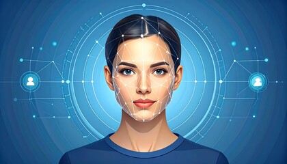 A digital illustration of a woman with a facial recognition overlay, against a futuristic blue background. It depicts security