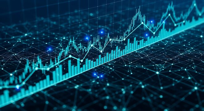 Digital abstract graph with glowing lines and nodes representing financial data and network connections - Powered by Adobe