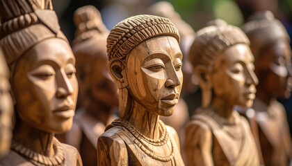 Naklejka premium Hand Carved Wooden Statues in Rows with Textured Details and Warm Brown Tones