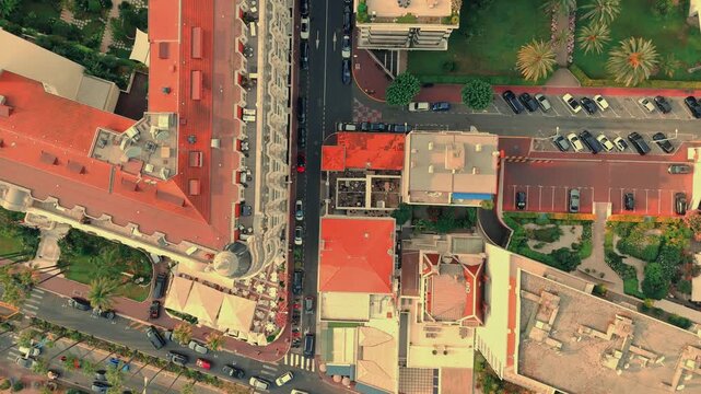 Top view of Carlton Cannes hotel from drone during sunset in France.