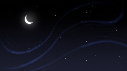 Serene night sky with a crescent moon and twinkling stars, creating a peaceful and dreamy atmosphere, perfect for backgrounds and designs