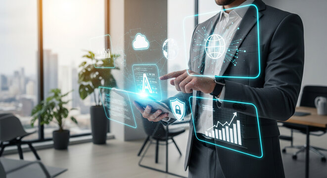 Man manipulating virtual business interfaces on a tablet in an office setting, suitable for technology, finance, and business concepts.