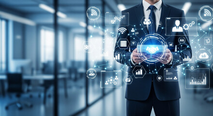 Businessman surrounded by technology icons in an office setting. Suitable for technology, business, innovation, and digital communication concepts.