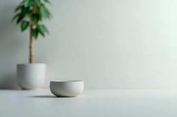 Obraz premium Minimalist interior still life with potted plant and ceramic bow