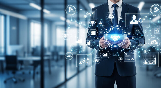 Businessman surrounded by technology icons in an office setting. Suitable for technology, business, innovation, and digital communication concepts.