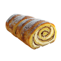 Creamy cinnamon swirl cake roll dusted with powdered sugar, soft sponge and rich filling evoking cozy bakery comfort