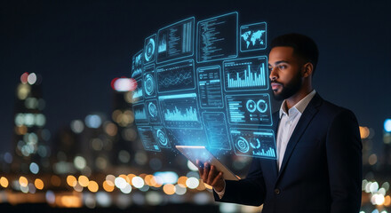 Man analyzing data on his tablet at night. Ideal for technology blogs, financial reports, and business presentations a man with a tablet analyzing data at night.