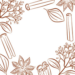 Border frame with cinnamon stick, star anise, leaves and branches in line art style. Perfect for recipe card, packaging label and culinary themed design.