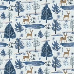 Winter forest, seamless pattern. Christmas village, repeating landscape print with cute houses and deer, vector illustration for textile, wrapping paper