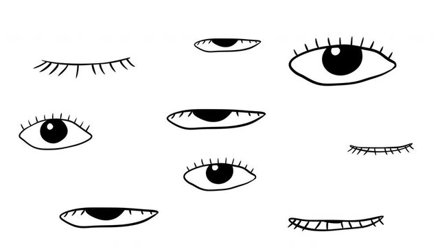 Abstract 2d animation background with blinking cartoon eyes in hand drawn doodle retro style. Fashion pop art seamless motion design.
