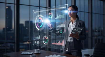 Businesswoman utilizes holographic data interfaces in her futuristic office. Suitable for technology, innovation, modern workspace, digital advancements, and virtual reality.