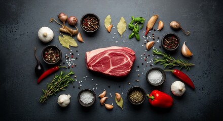 Raw Beef Steak with Seasonings and Herbs.